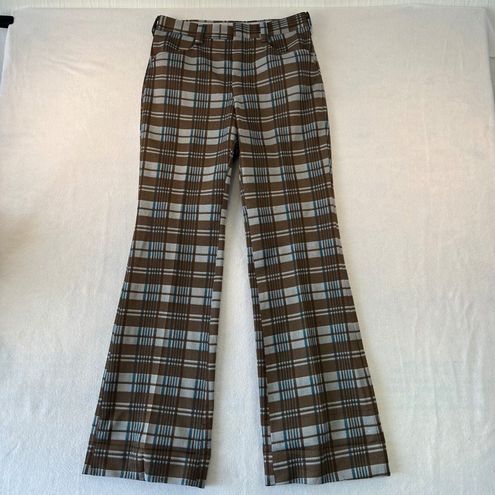 Vintage Wrangler Plaid Trousers Mens 31x32 Brown Blue Check Flare Made in USA